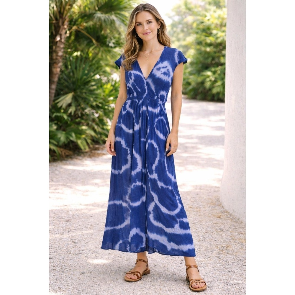 JENS PIRATE BOOTY Paloma Women Tie Dye Maxi Dress MEDIUM Blue Cotton Boho Beach